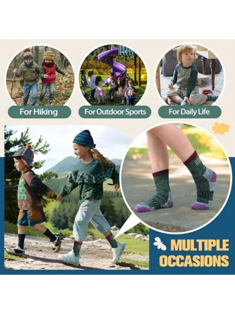 Cozy Kids Merino Wool Hiking Socks - 6 Pairs Thermal, Thick, Moisture-Wicking